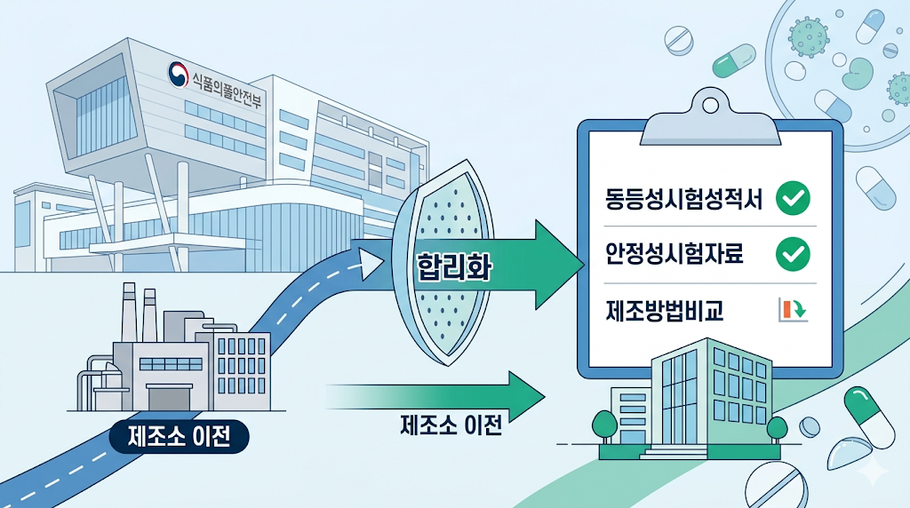 식약처 의약품동등성시험기준 개정 제조소 이전 자료 합리화