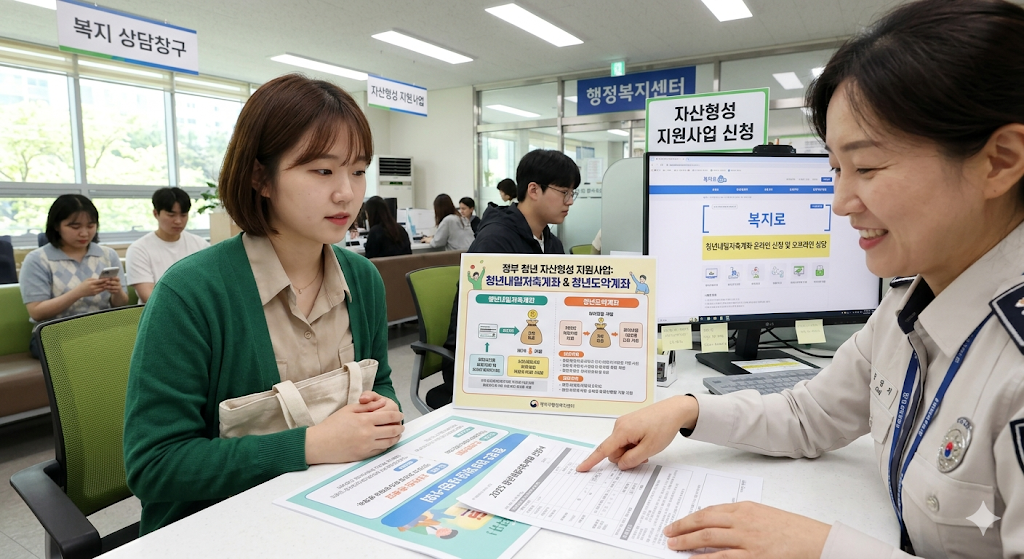 행정복지센터에서 청년내일저축계좌 상담받는 청년, 정부 청년 자산형성 지원사업 신청