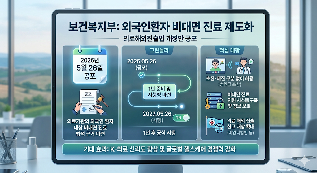 보건복지부 외국인환자 비대면 진료 제도화 의료해외진출법 개정안 5월 26일 공포, 1년 후 시행