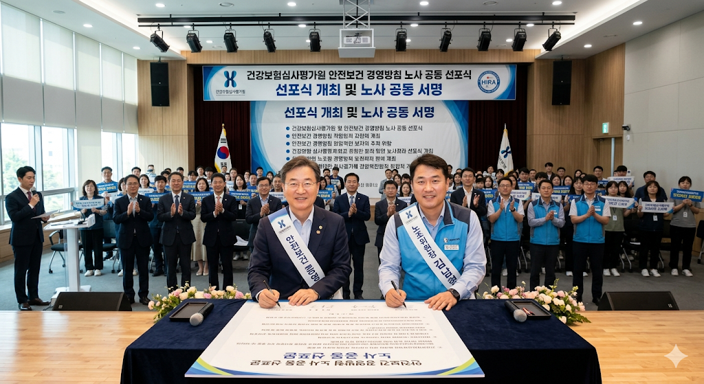 건강보험심사평가원 안전보건 경영방침 노사 공동 선포식 개최, 홍승권 원장 김남형 노조위원장 공동 서명