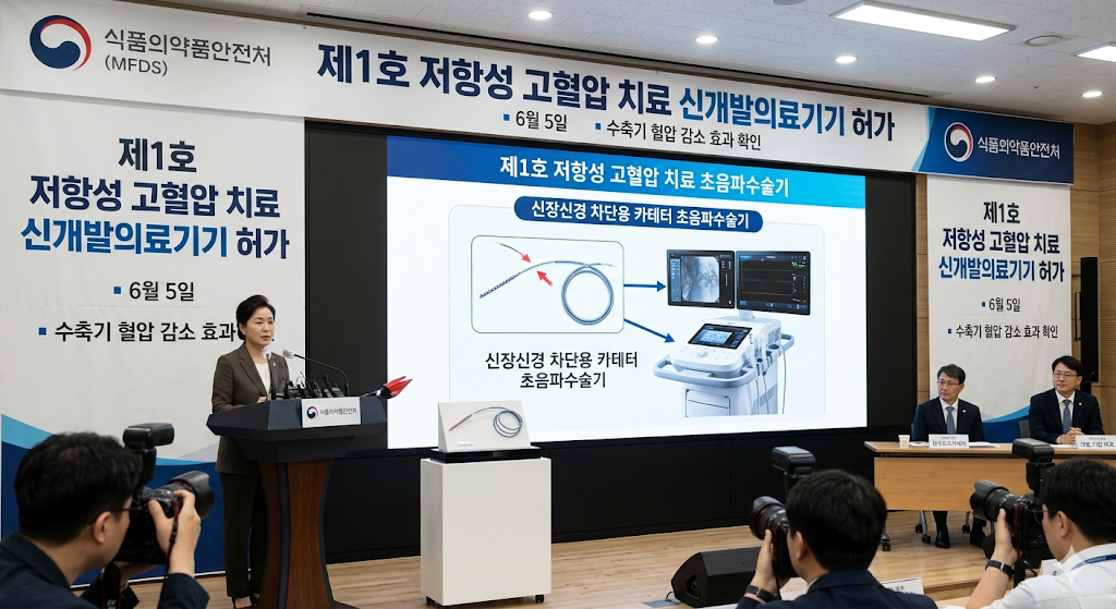 식품의약품안전처 저항성 고혈압 환자 신장신경 차단용 카테터 초음파수술기 6월 5일 신개발의료기기 허가, 수축기 혈압 감소 효과 확인