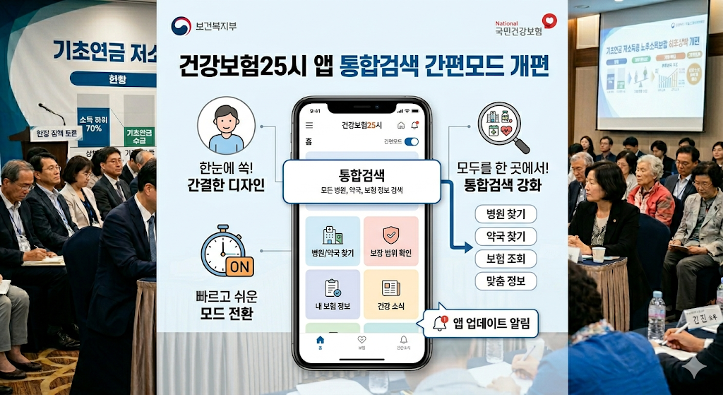 건강보험25시 앱 통합검색 간편모드 개편 기능 안내