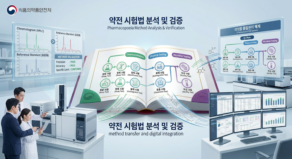 의약품 품질관리 약전 시험법 분석 개념 이미지
