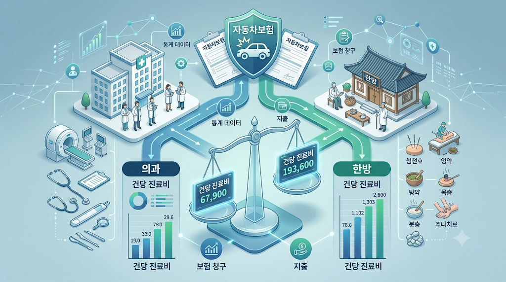 자동차보험 의과 한방 건당 진료비 비교 개념 이미지