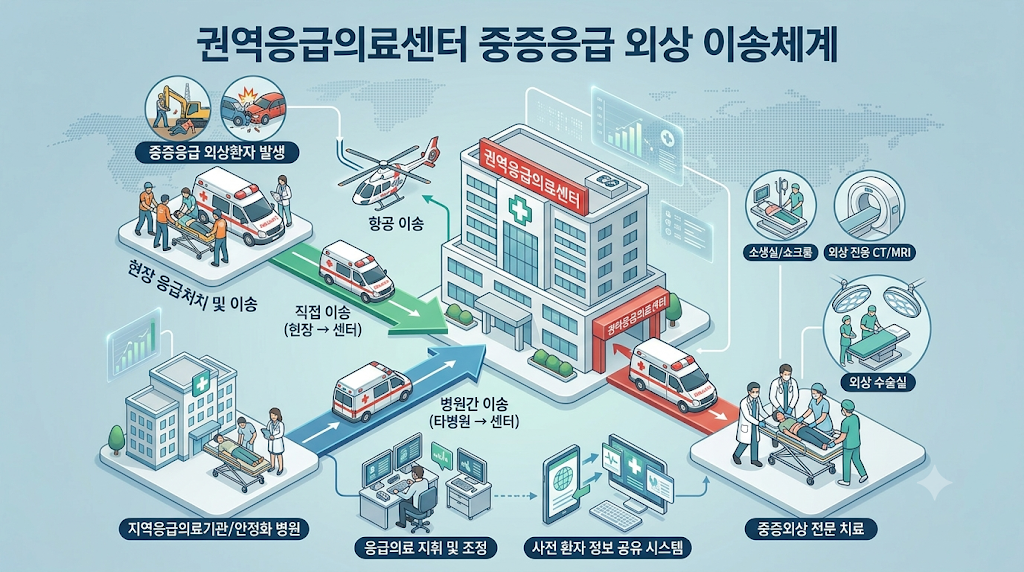 권역응급의료센터 중증응급 외상 이송체계 개념 이미지