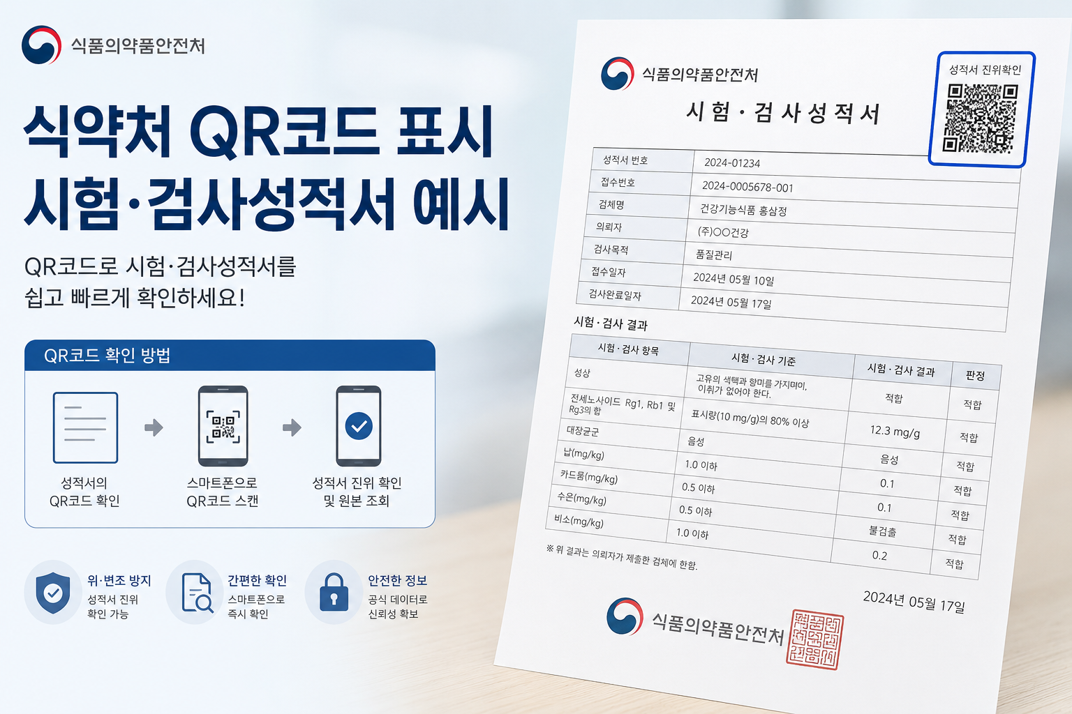 식약처 QR코드 표시 시험검사성적서 예시