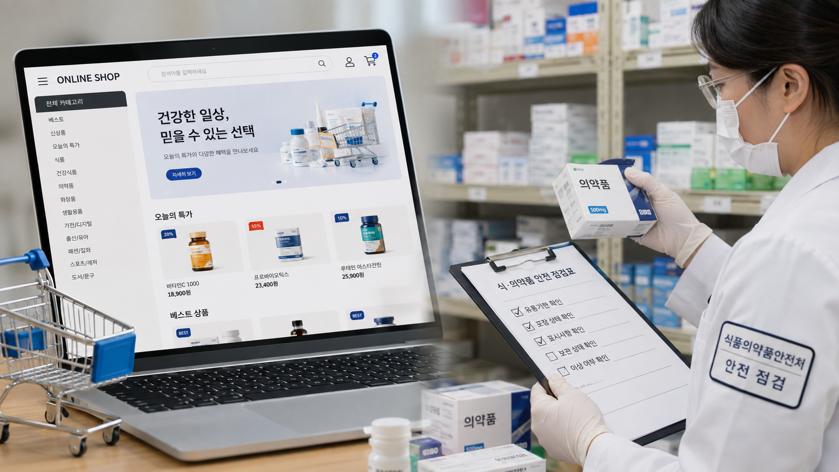 온라인 쇼핑몰 화면과 식의약품 안전 점검 이미지