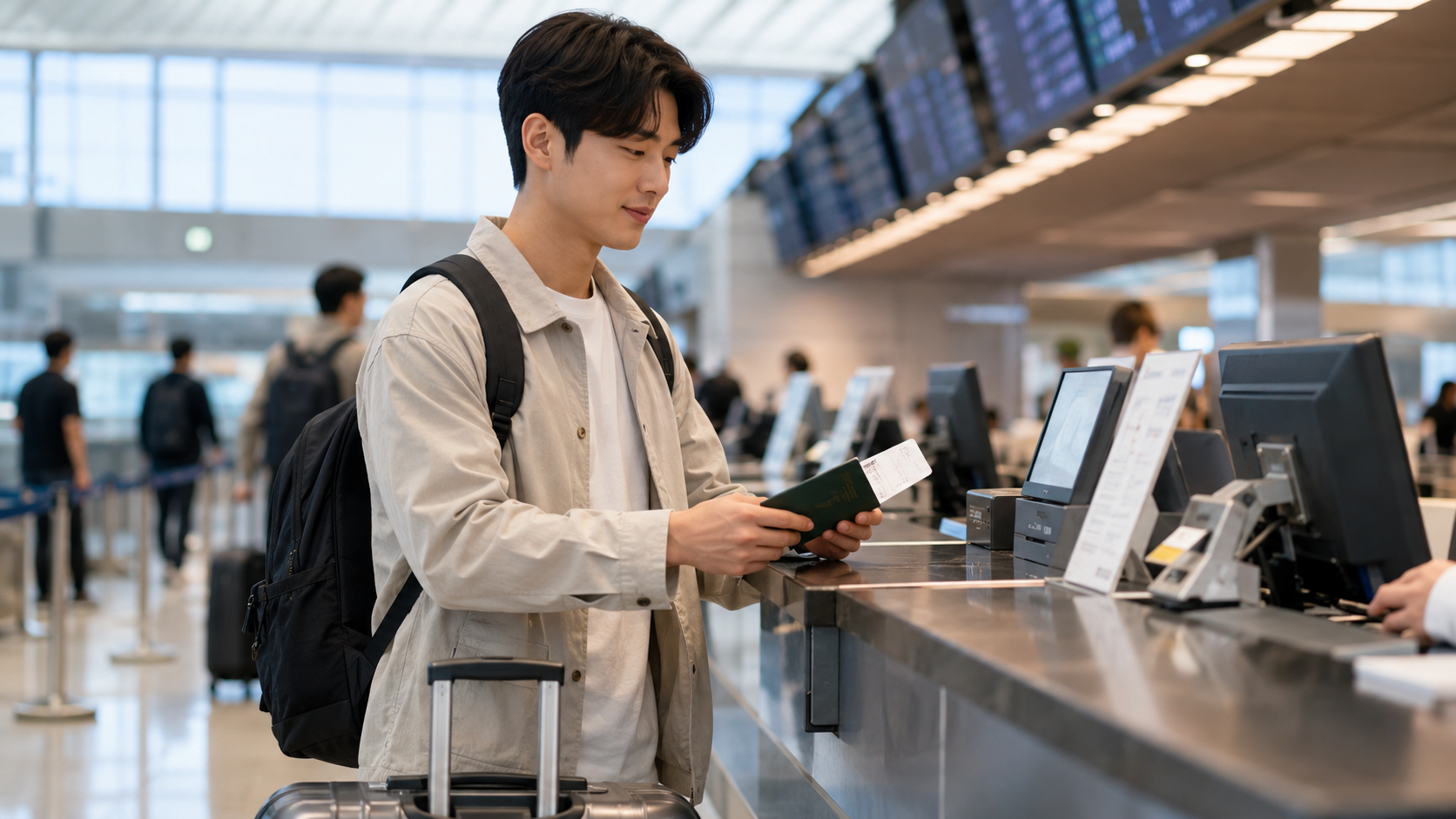 해외 출국 앞둔 여행객 공항 체크인 이미지